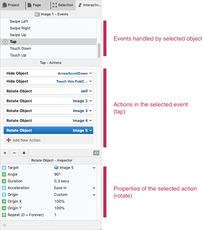 Events and actions palette