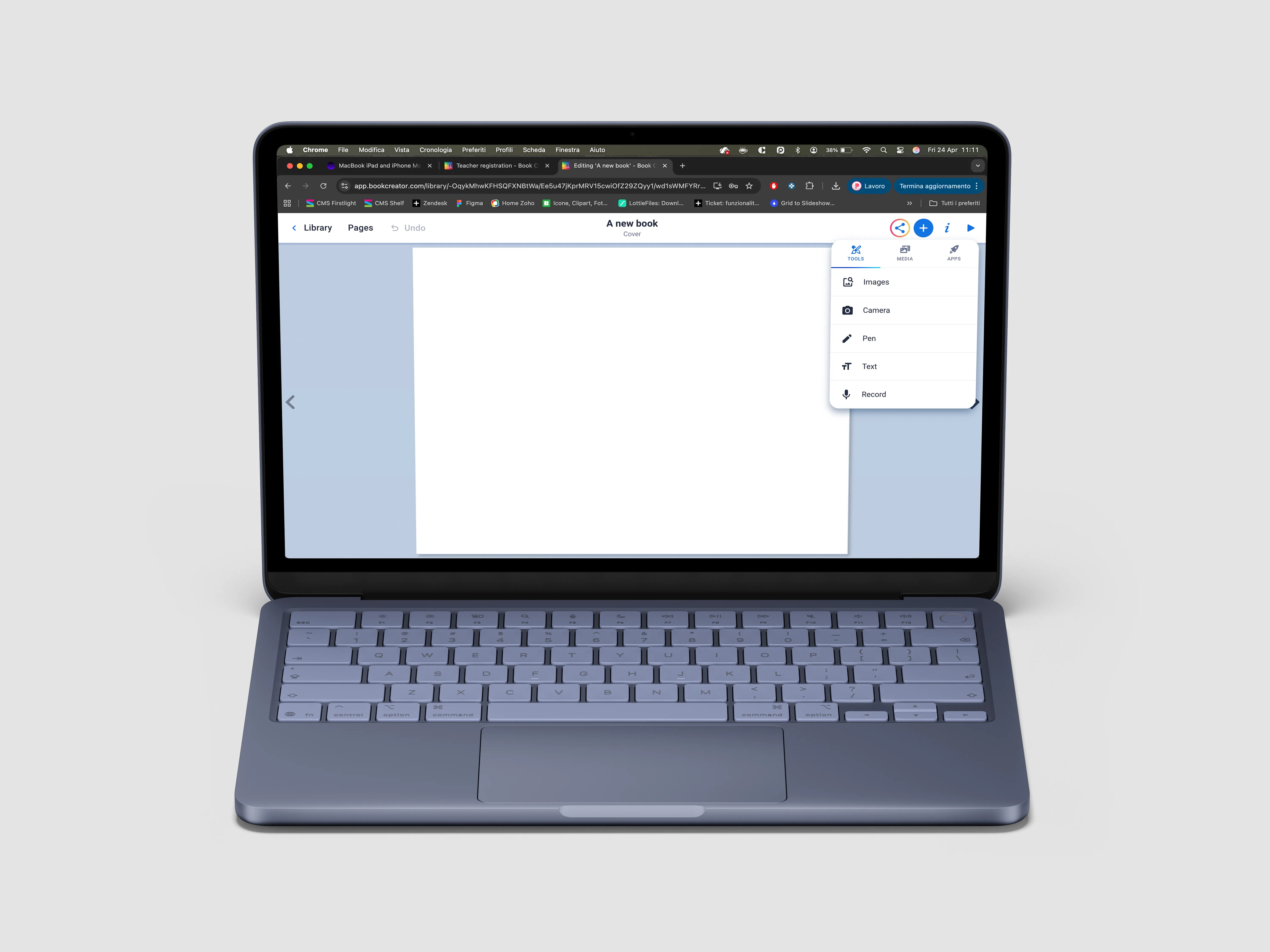 Book Creator's classroom interface showing a student book with drawings, text, and voice recordings.