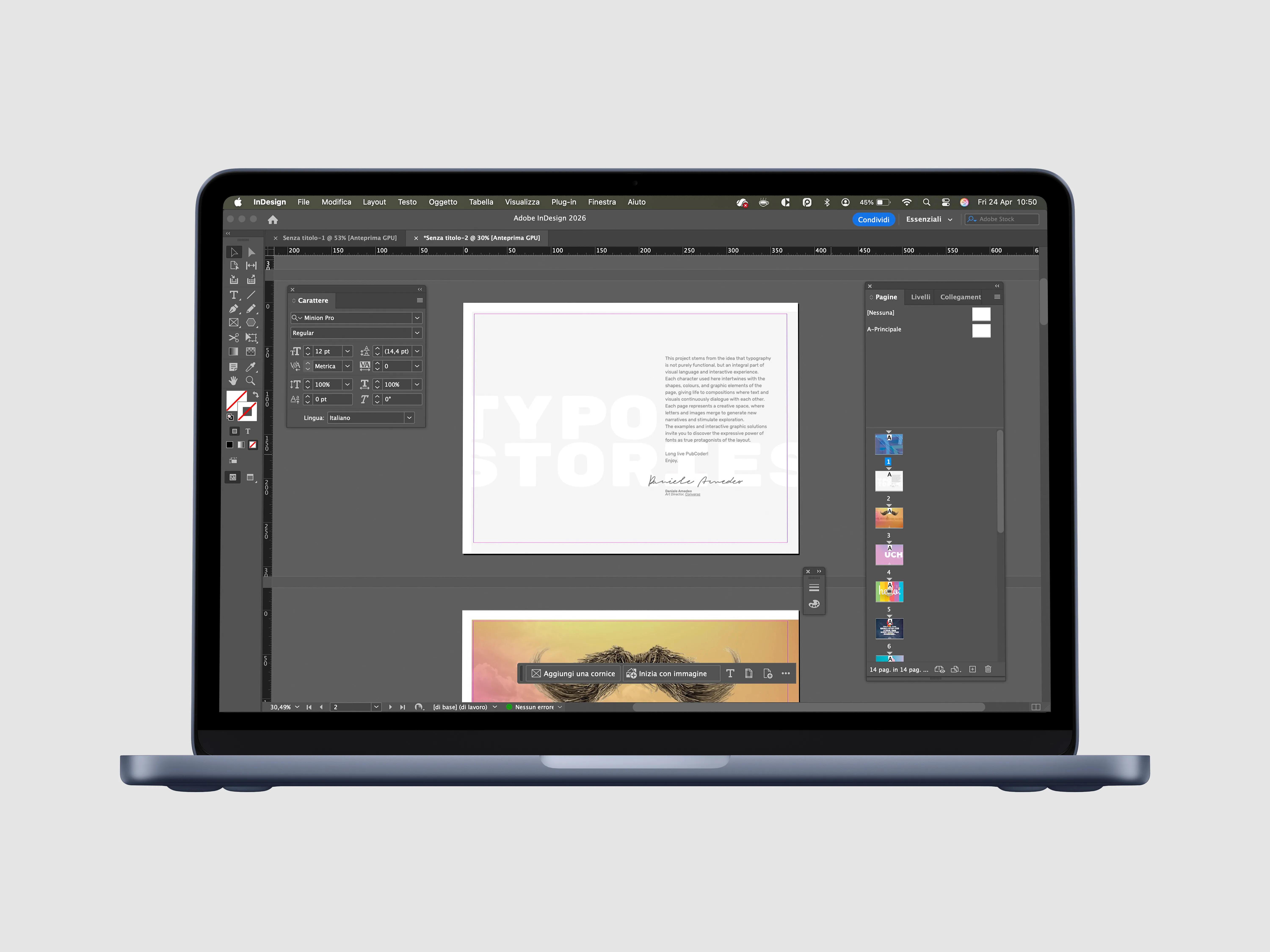 Adobe InDesign workspace with a fixed-layout book project.