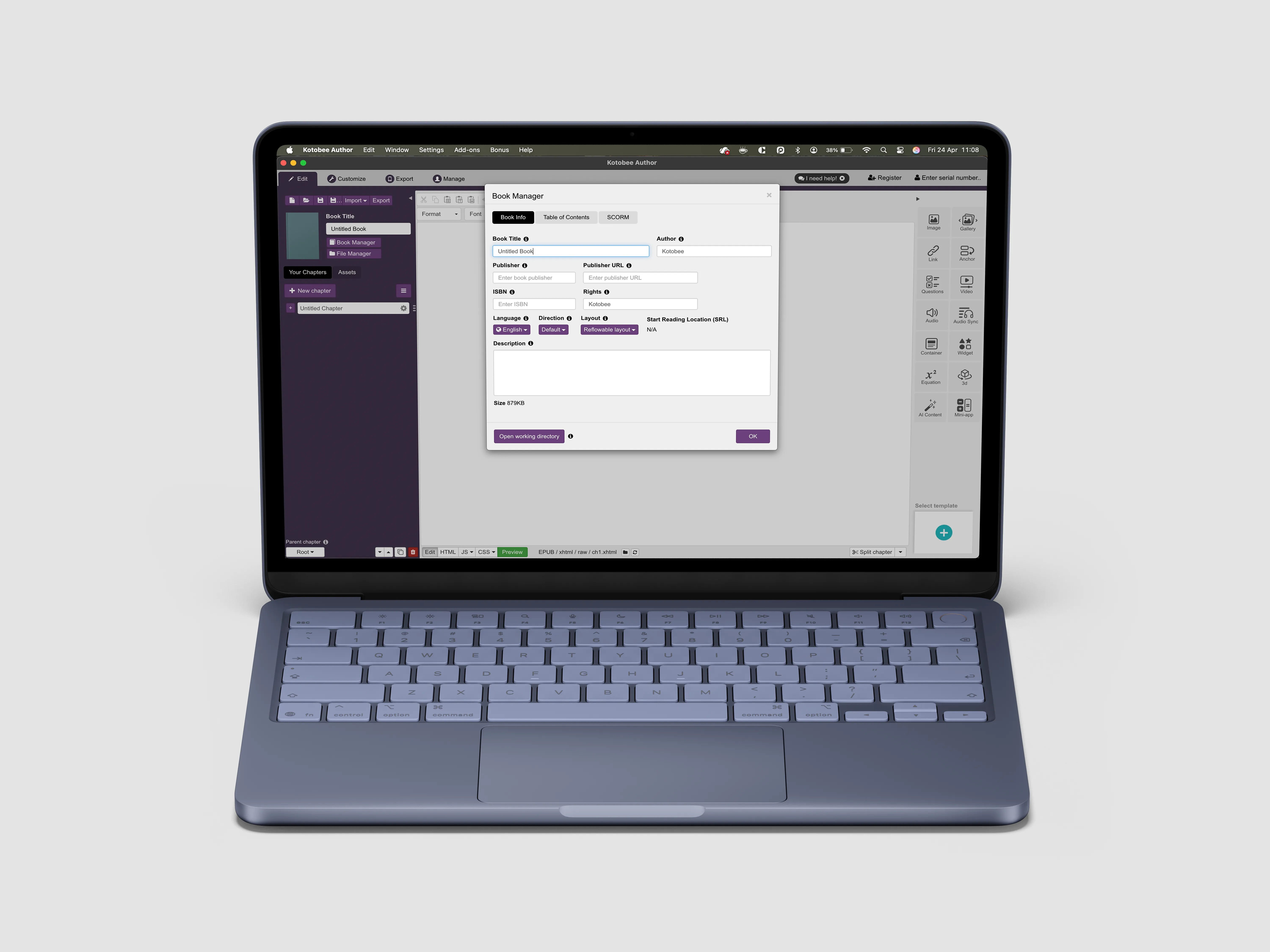 Kotobee Author interface showing the interactive widget builder.