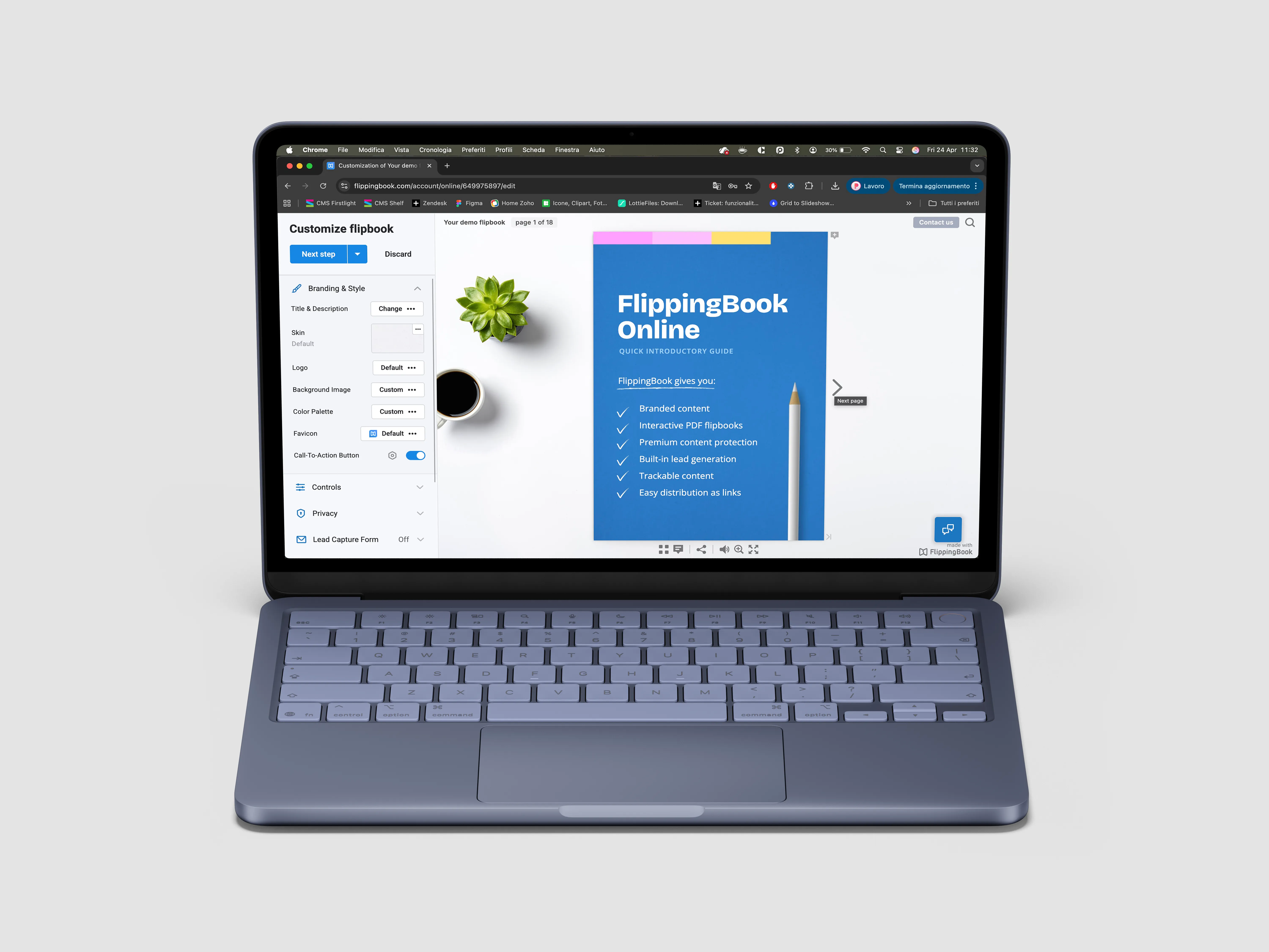 A marketing PDF presented as an interactive flipbook with page-flip animation.