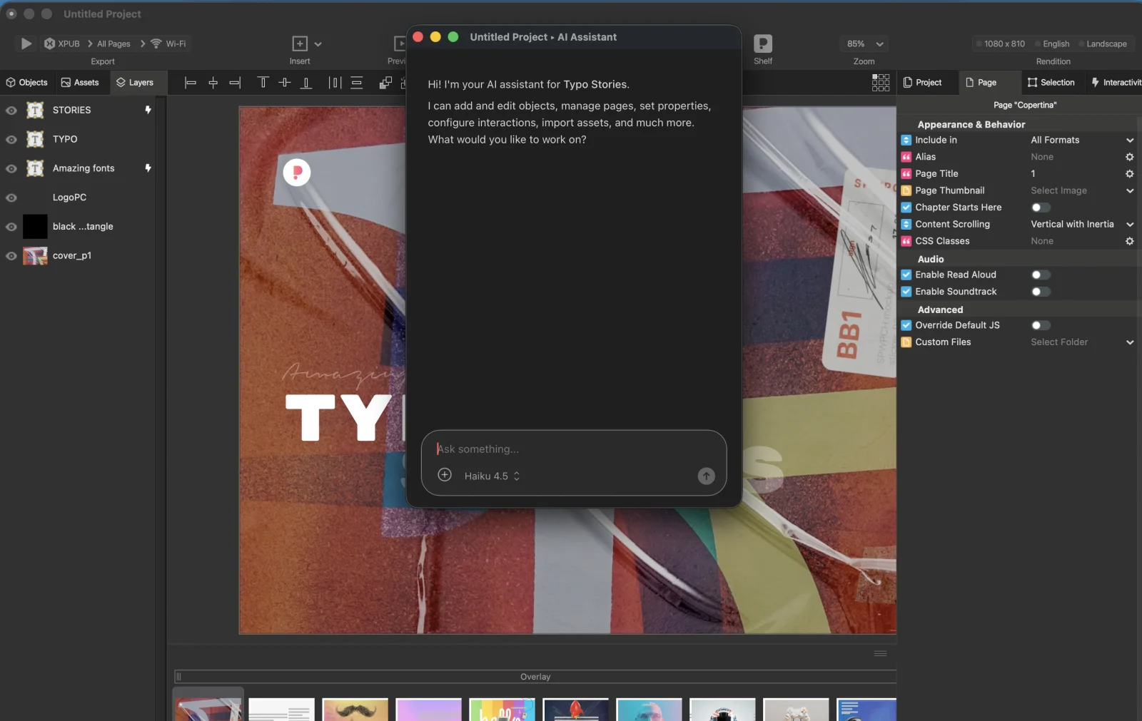 The AI Assistant window open over a PubCoder project. The assistant greets the user and lists what it can do: add and edit objects, manage pages, set properties, configure interactions and import assets. A message box at the bottom shows the selected model, Haiku 4.5.