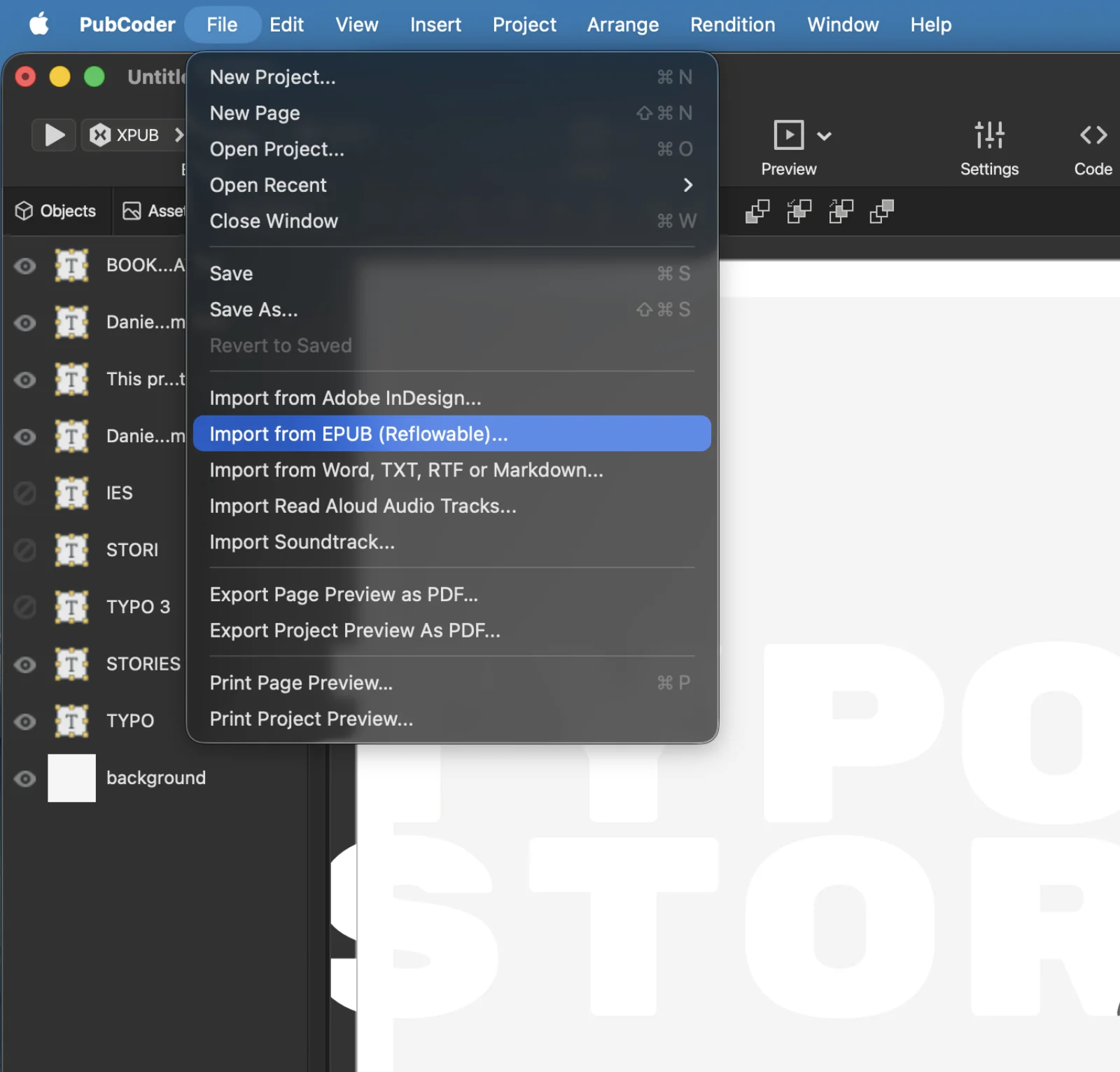 The File menu in PubCoder with Import from EPUB (Reflowable) highlighted.