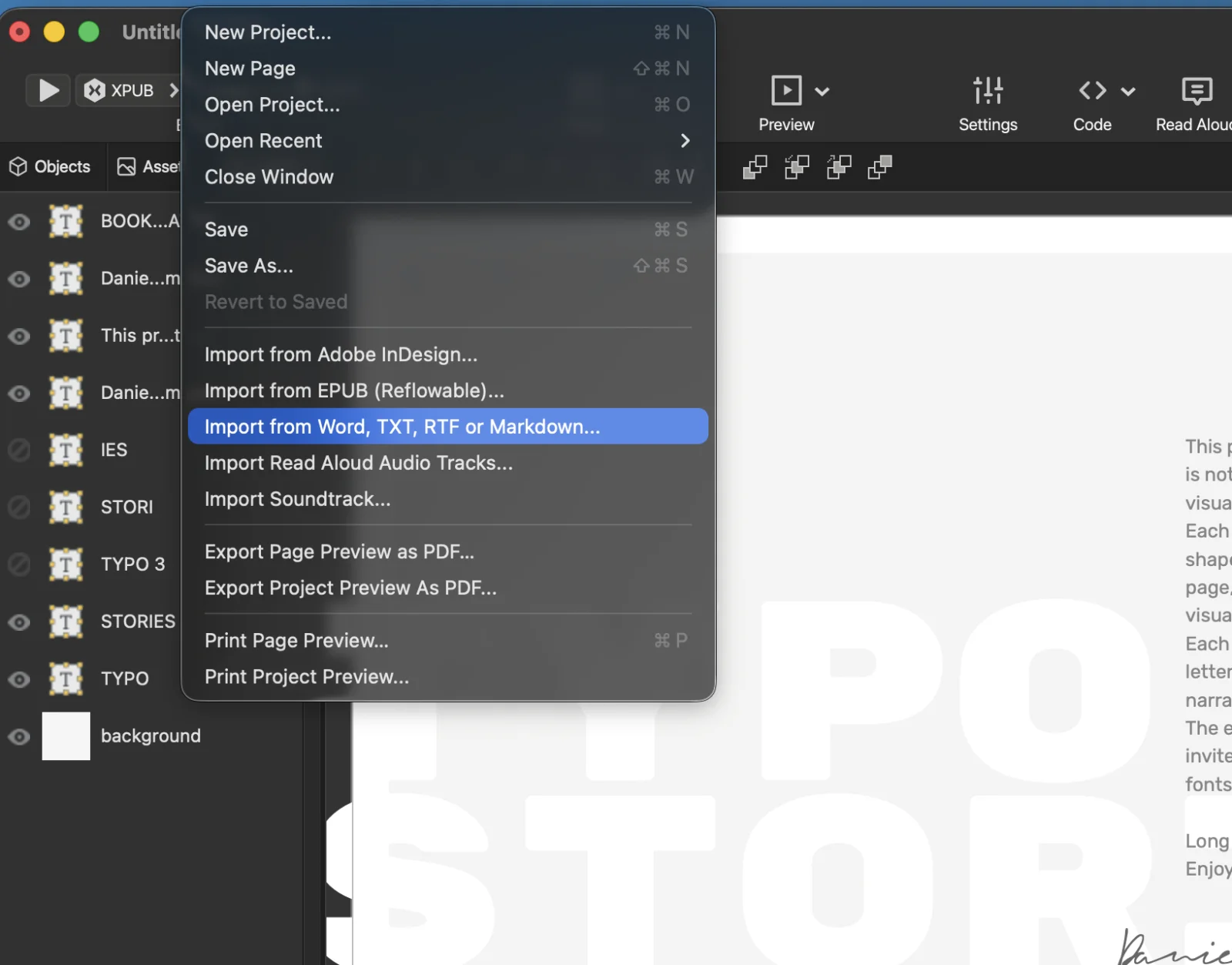 The File menu in PubCoder with Import from Word, TXT, RTF or Markdown highlighted. Nearby entries are Import from Adobe InDesign, Import from EPUB (Reflowable), Import Read Aloud Audio Tracks and Import Soundtrack.