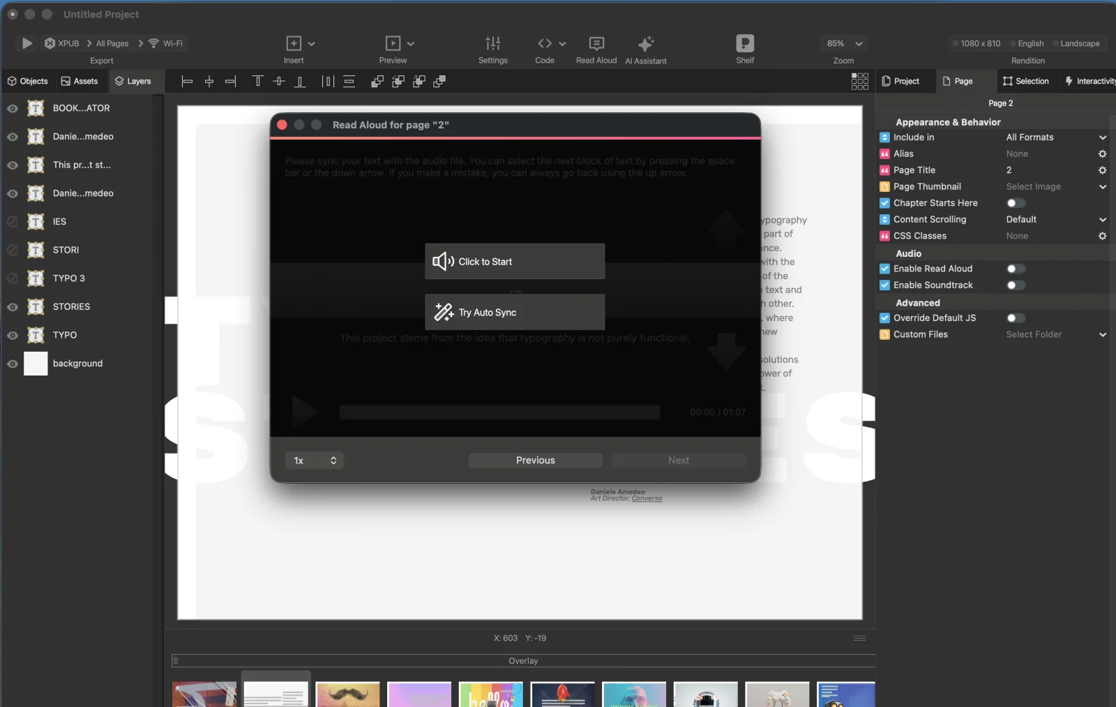 The Read Aloud window for page 2 of a project, with two buttons: Click to Start and Try Auto Sync.