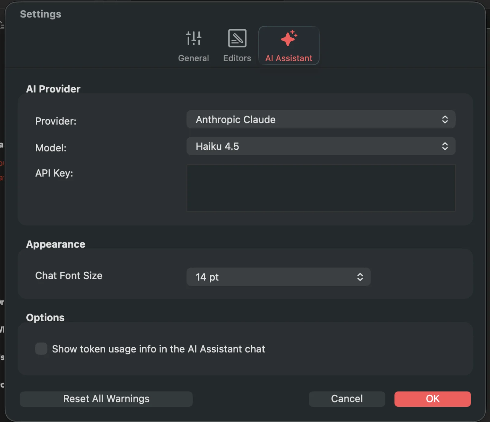 The AI Assistant tab in PubCoder Settings. The provider menu is set to Anthropic Claude, the model menu to Haiku 4.5, and the API Key field is empty.